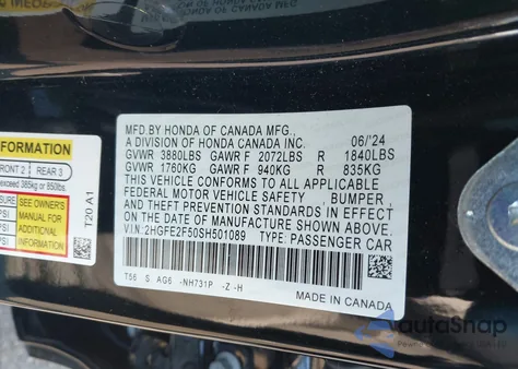 2025 Honda Civic Sport from USA, damaged, VIN 2HGFE2F50SH501089